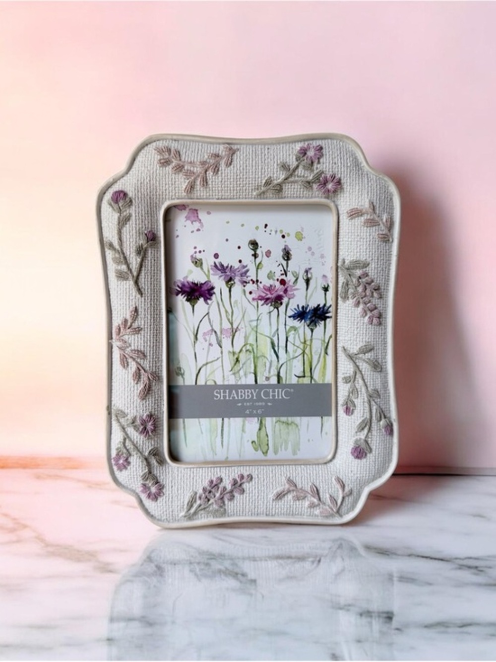 Shabby Chic Cream Frame with Pink and Green Embroidery 4”x6” photo